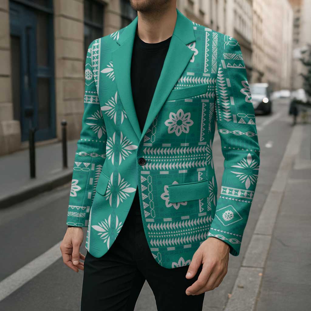 Fiji Masi All Teal Blazer Tapa Pattern - Polynesian Pride