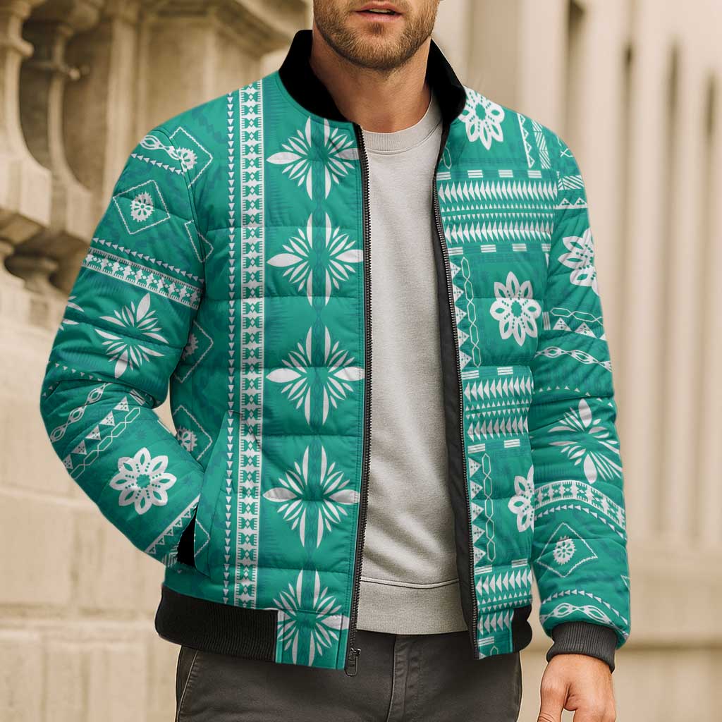 Fiji Masi All Teal Bomber Puffer Jacket Tapa Pattern - Polynesian Pride