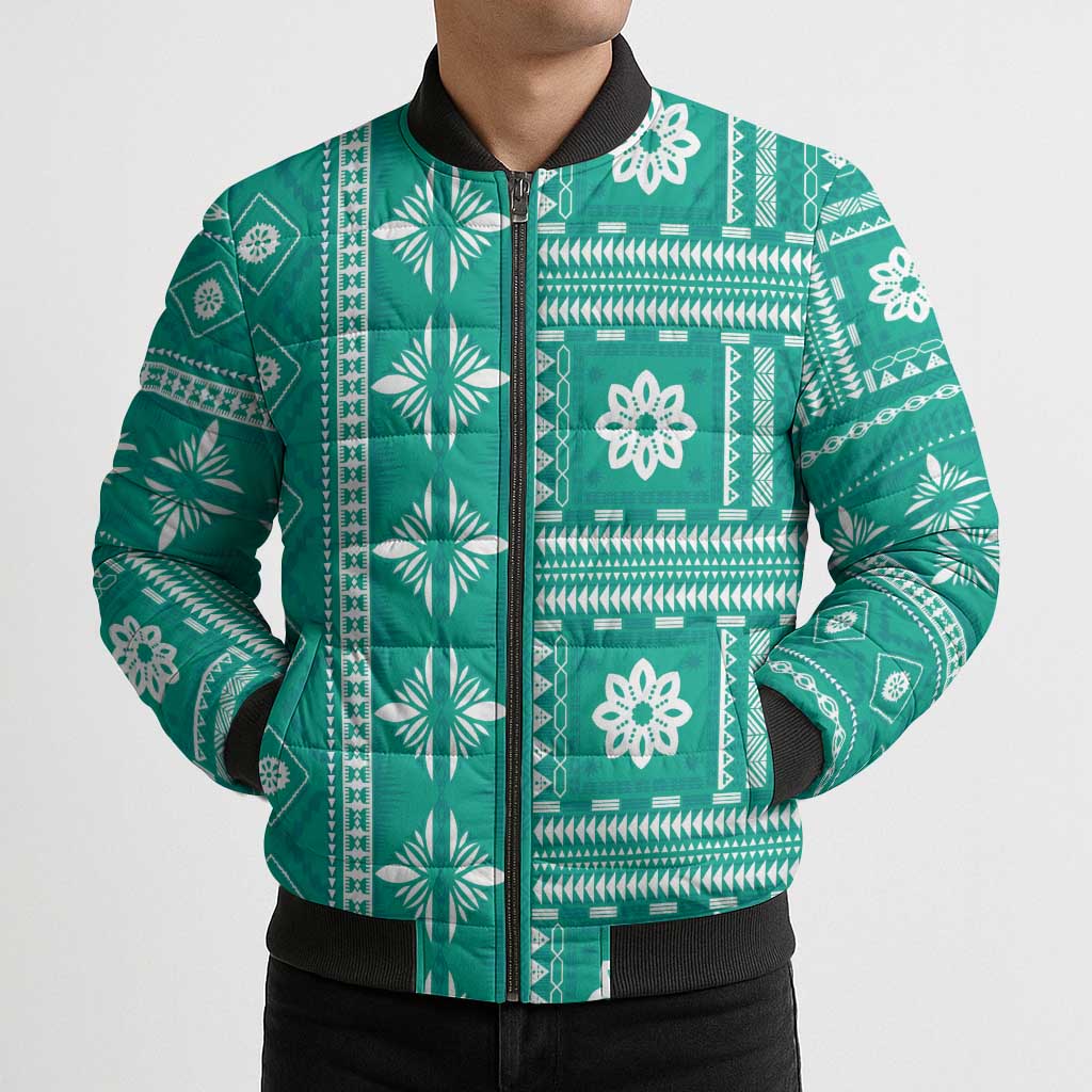 Fiji Masi All Teal Bomber Puffer Jacket Tapa Pattern - Polynesian Pride