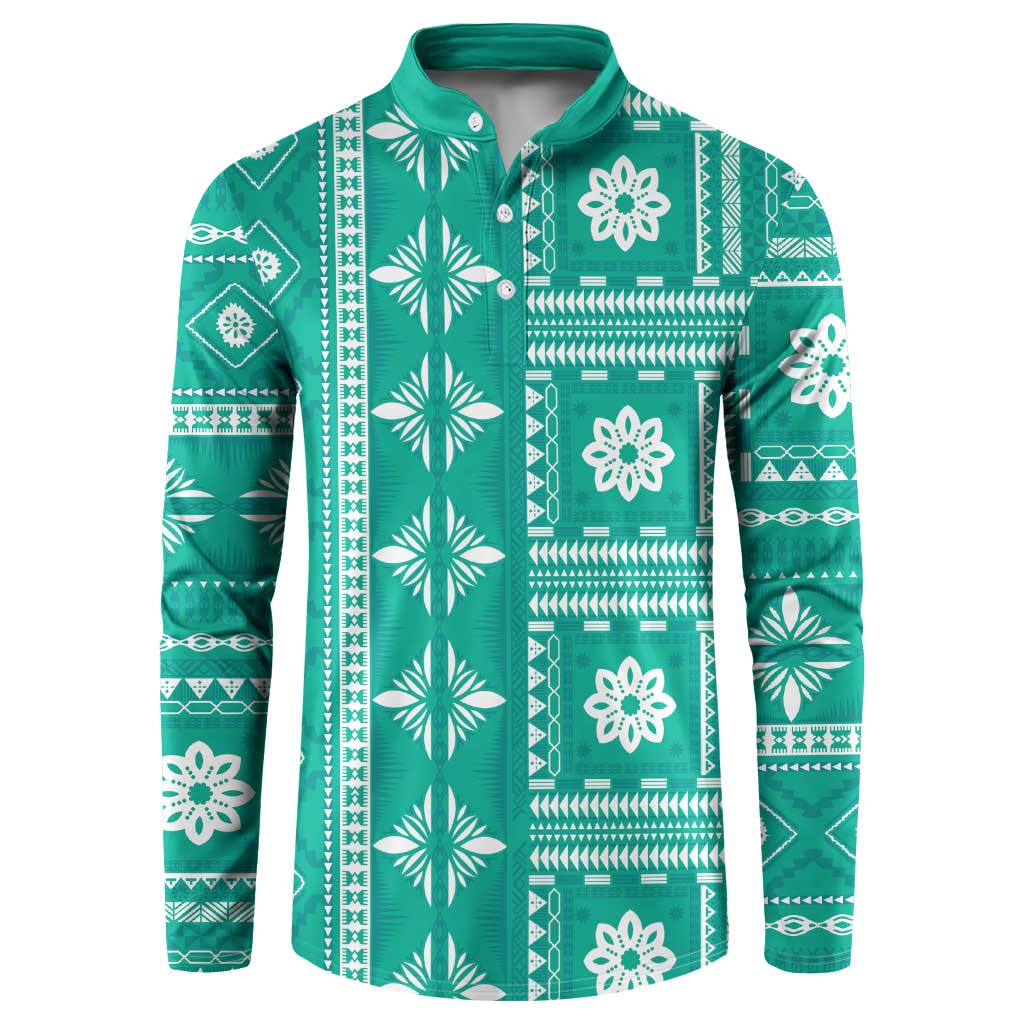 Fiji Masi All Teal Button Sweatshirt Tapa Pattern - Polynesian Pride