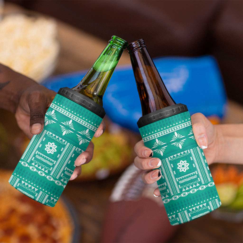 Fiji Masi All Teal 4 in 1 Can Cooler Tumbler Tapa Pattern - Polynesian Pride