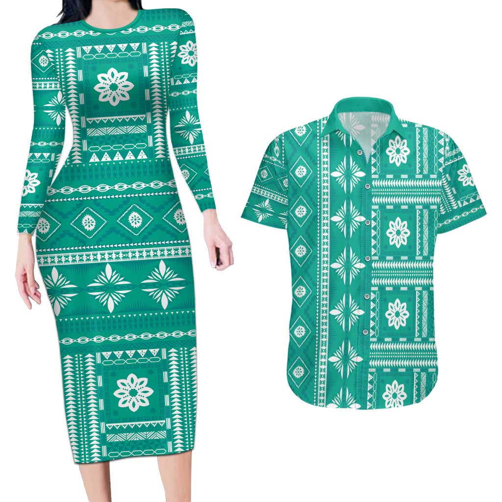 Fiji Masi All Teal Couples Matching Long Sleeve Bodycon Dress and Hawaiian Shirt Tapa Pattern - Polynesian Pride
