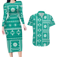 Fiji Masi All Teal Couples Matching Long Sleeve Bodycon Dress and Hawaiian Shirt Tapa Pattern - Polynesian Pride