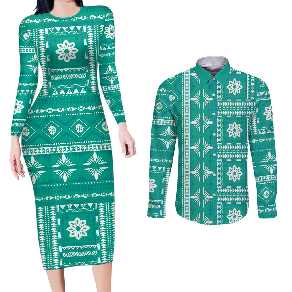 Fiji Masi All Teal Couples Matching Long Sleeve Bodycon Dress and Long Sleeve Button Shirt Tapa Pattern - Polynesian Pride