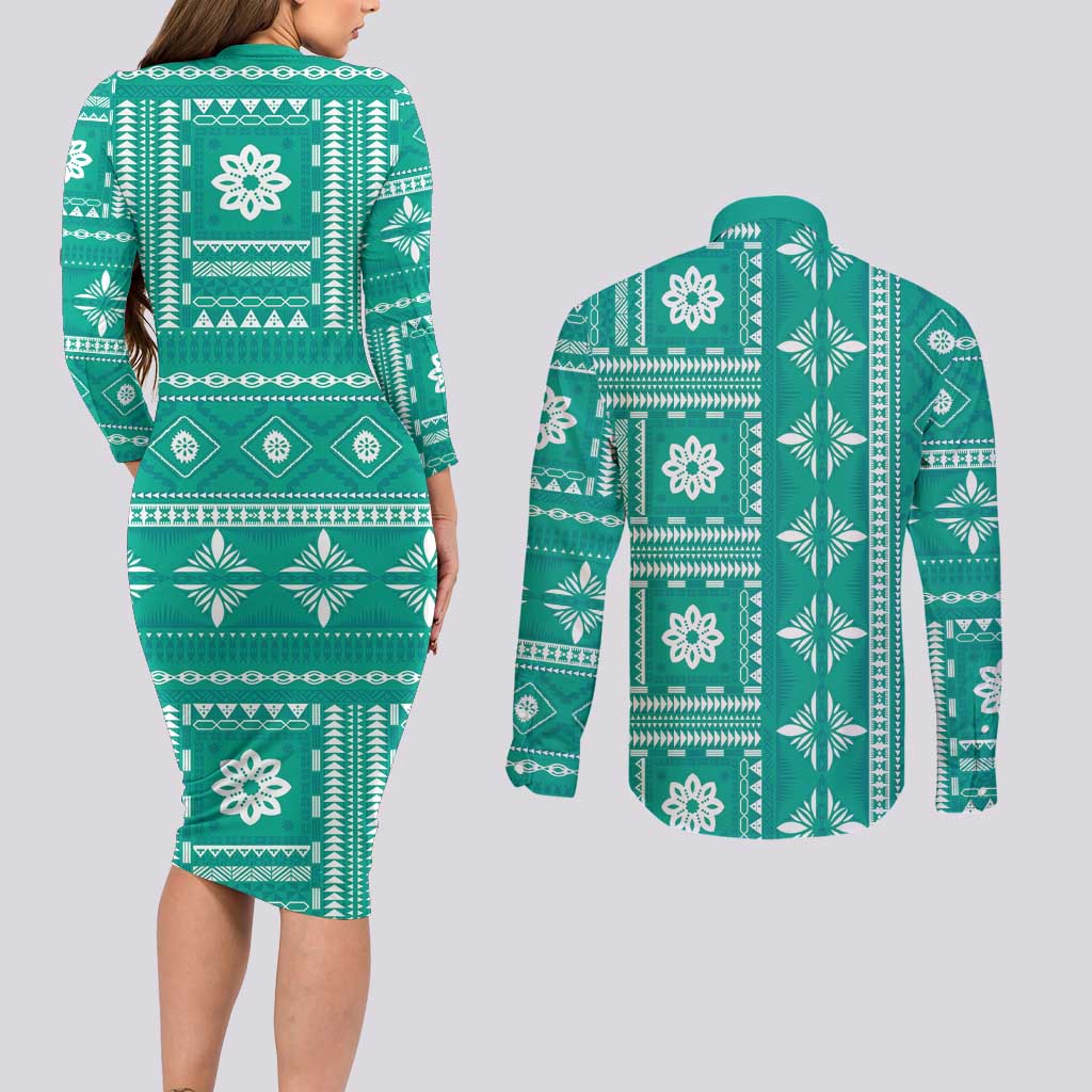 Fiji Masi All Teal Couples Matching Long Sleeve Bodycon Dress and Long Sleeve Button Shirt Tapa Pattern - Polynesian Pride