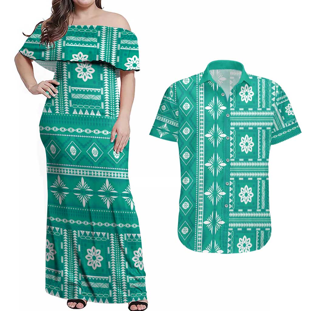 Fiji Masi All Teal Couples Matching Off Shoulder Maxi Dress and Hawaiian Shirt Tapa Pattern - Polynesian Pride