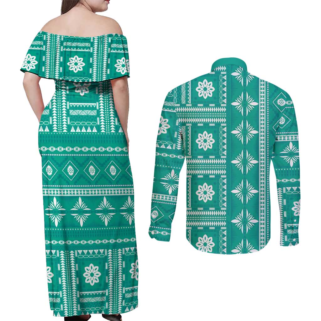 Fiji Masi All Teal Couples Matching Off Shoulder Maxi Dress and Long Sleeve Button Shirt Tapa Pattern - Polynesian Pride