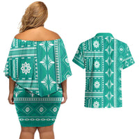 Fiji Masi All Teal Couples Matching Off Shoulder Short Dress and Hawaiian Shirt Tapa Pattern - Polynesian Pride