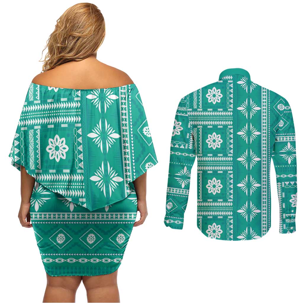Fiji Masi All Teal Couples Matching Off Shoulder Short Dress and Long Sleeve Button Shirt Tapa Pattern - Polynesian Pride