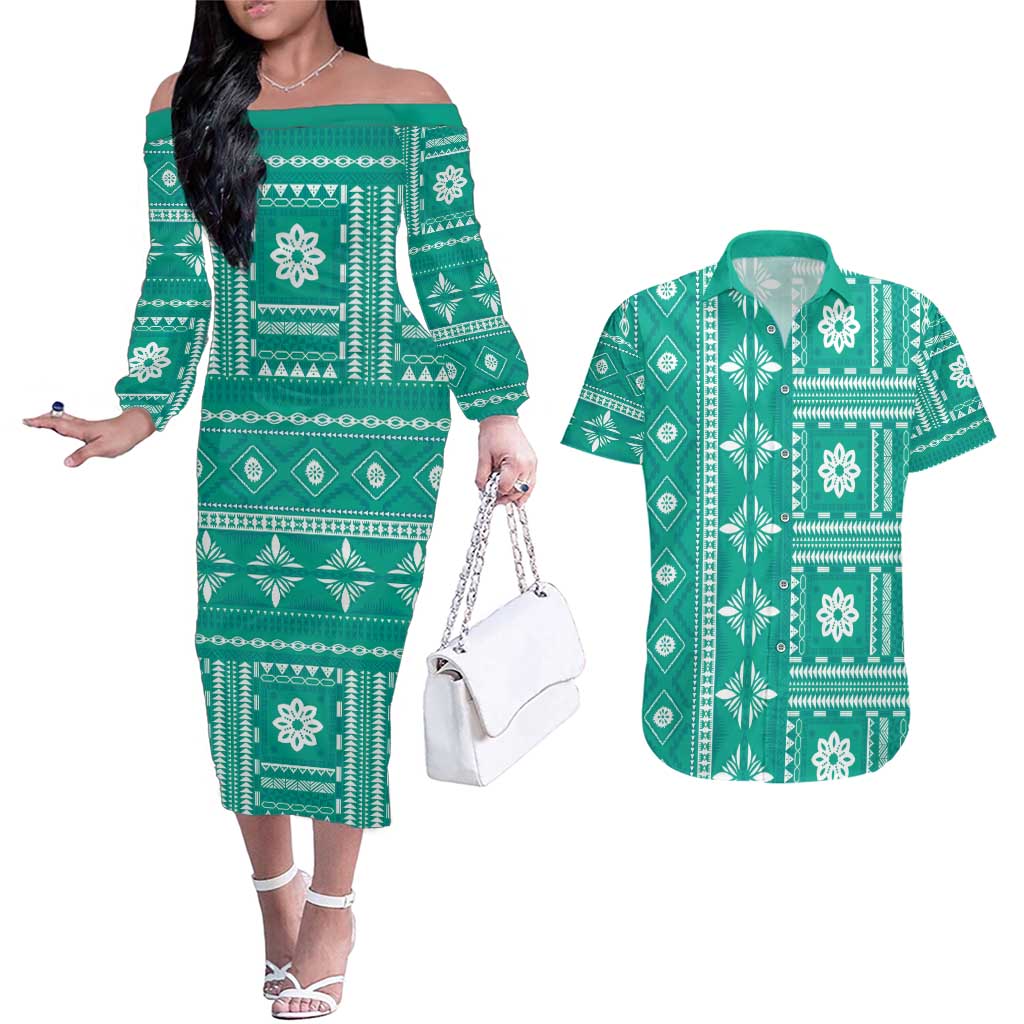 Fiji Masi All Teal Couples Matching Off The Shoulder Long Sleeve Dress and Hawaiian Shirt Tapa Pattern - Polynesian Pride