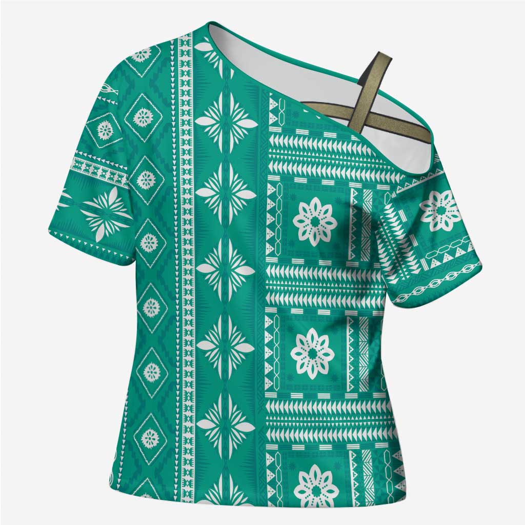 Fiji Masi All Teal Cross Shoulder Shirt Tapa Pattern - Polynesian Pride