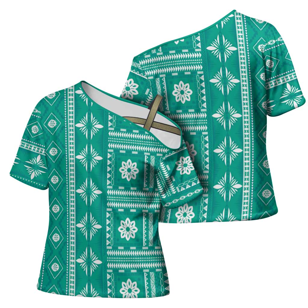 Fiji Masi All Teal Cross Shoulder Shirt Tapa Pattern - Polynesian Pride