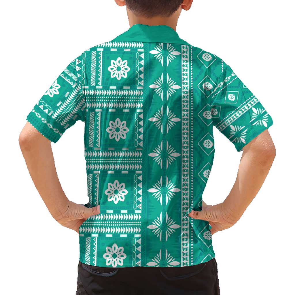 Fiji Masi All Teal Family Matching Long Sleeve Bodycon Dress and Hawaiian Shirt Tapa Pattern - Polynesian Pride