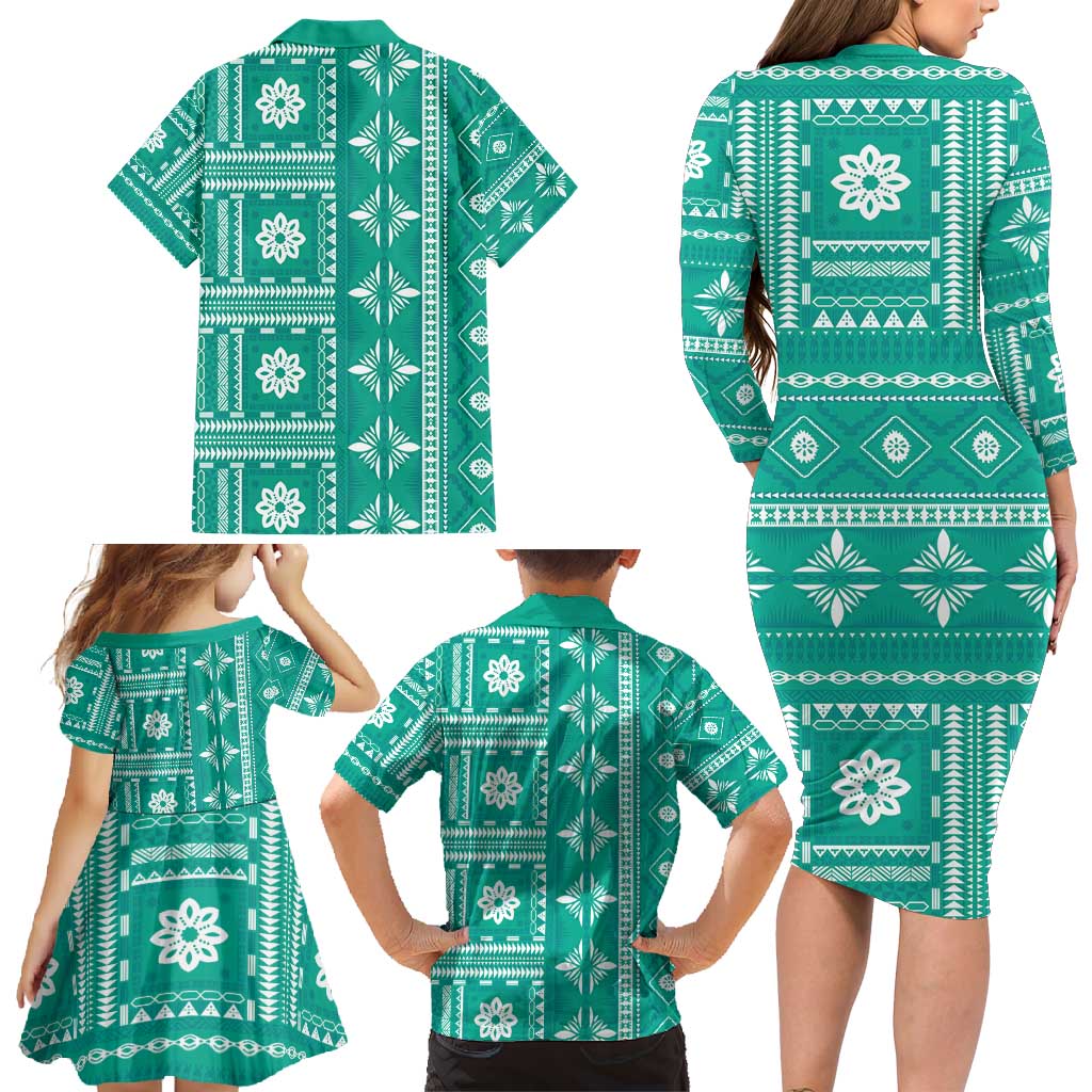 Fiji Masi All Teal Family Matching Long Sleeve Bodycon Dress and Hawaiian Shirt Tapa Pattern - Polynesian Pride