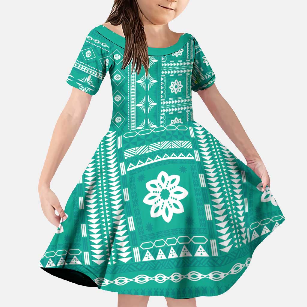 Fiji Masi All Teal Family Matching Mermaid Dress and Hawaiian Shirt Tapa Pattern - Polynesian Pride