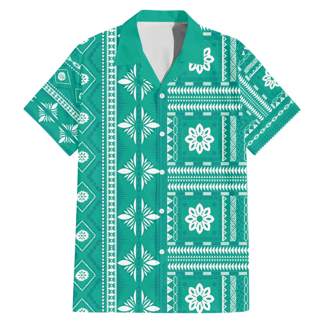 Fiji Masi All Teal Family Matching Mermaid Dress and Hawaiian Shirt Tapa Pattern - Polynesian Pride