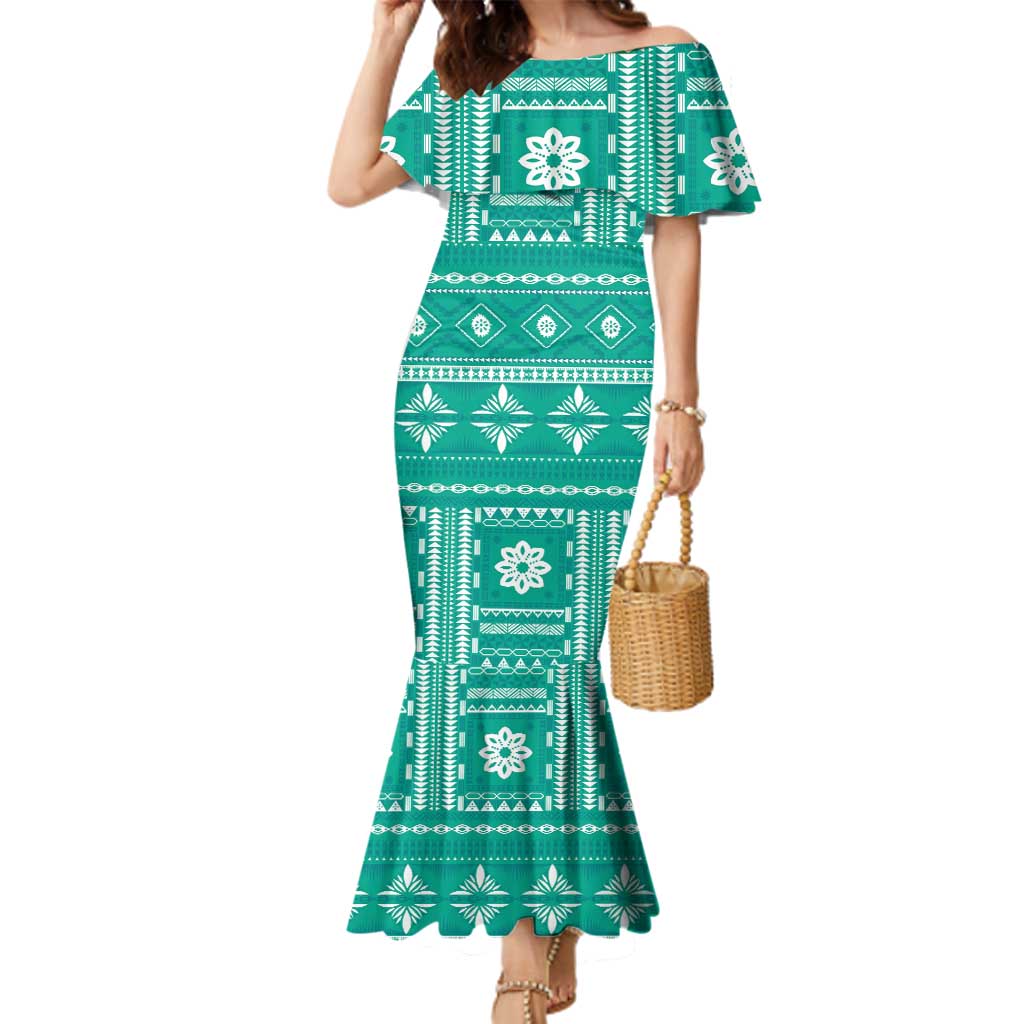 Fiji Masi All Teal Family Matching Mermaid Dress and Hawaiian Shirt Tapa Pattern - Polynesian Pride