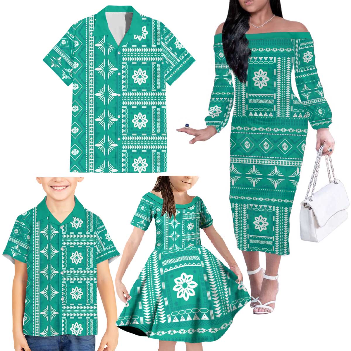 Fiji Masi All Teal Family Matching Off The Shoulder Long Sleeve Dress and Hawaiian Shirt Tapa Pattern - Polynesian Pride