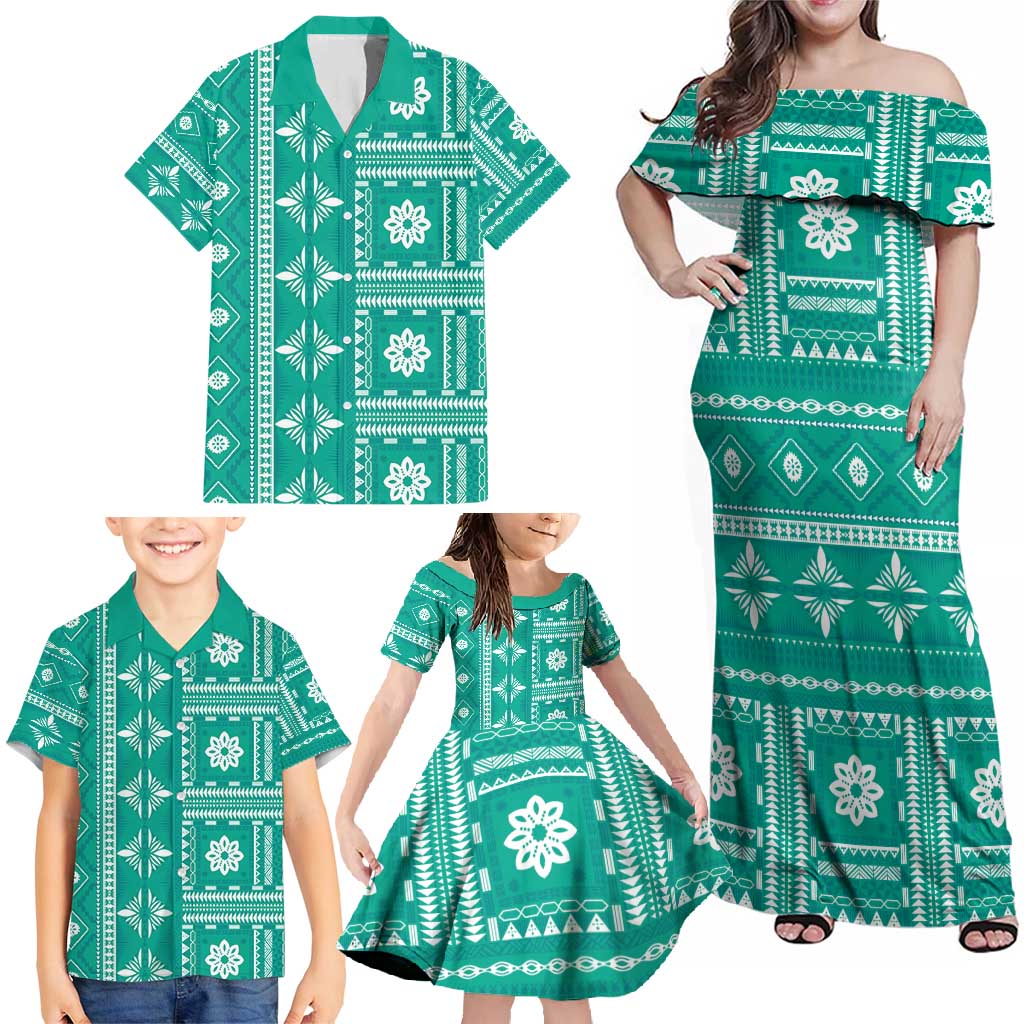 Fiji Masi All Teal Family Matching Off Shoulder Maxi Dress and Hawaiian Shirt Tapa Pattern - Polynesian Pride