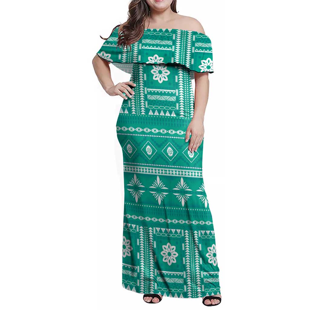 Fiji Masi All Teal Family Matching Off Shoulder Maxi Dress and Hawaiian Shirt Tapa Pattern - Polynesian Pride