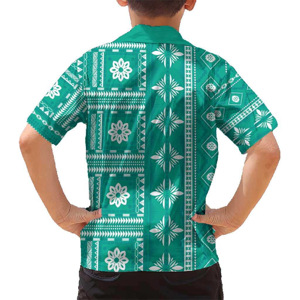 Fiji Masi All Teal Family Matching Short Sleeve Bodycon Dress and Hawaiian Shirt Tapa Pattern - Polynesian Pride
