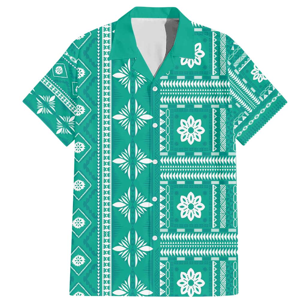 Fiji Masi All Teal Family Matching Short Sleeve Bodycon Dress and Hawaiian Shirt Tapa Pattern - Polynesian Pride