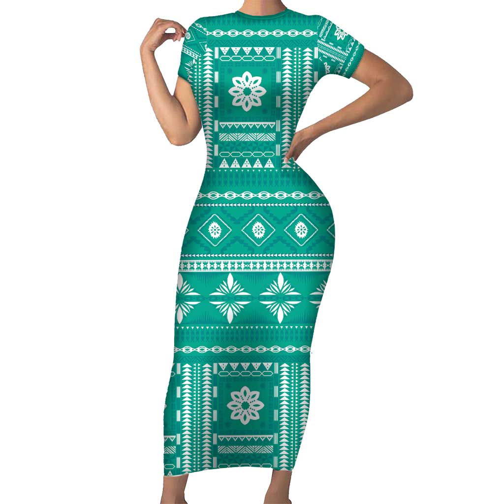 Fiji Masi All Teal Family Matching Short Sleeve Bodycon Dress and Hawaiian Shirt Tapa Pattern - Polynesian Pride