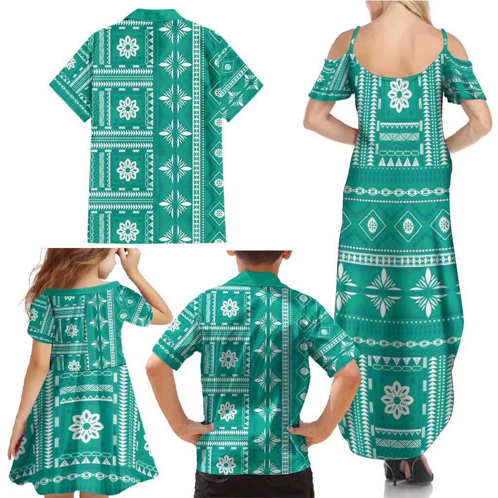Fiji Masi All Teal Family Matching Summer Maxi Dress and Hawaiian Shirt Tapa Pattern - Polynesian Pride