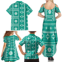 Fiji Masi All Teal Family Matching Summer Maxi Dress and Hawaiian Shirt Tapa Pattern - Polynesian Pride