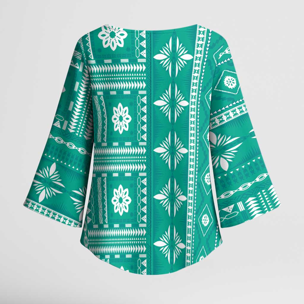 Fiji Masi All Teal Kimono Sleeve Blouse Tapa Pattern - Polynesian Pride
