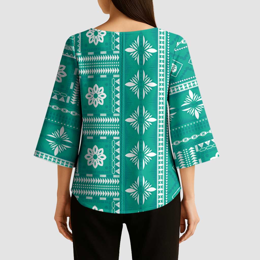 Fiji Masi All Teal Kimono Sleeve Blouse Tapa Pattern - Polynesian Pride
