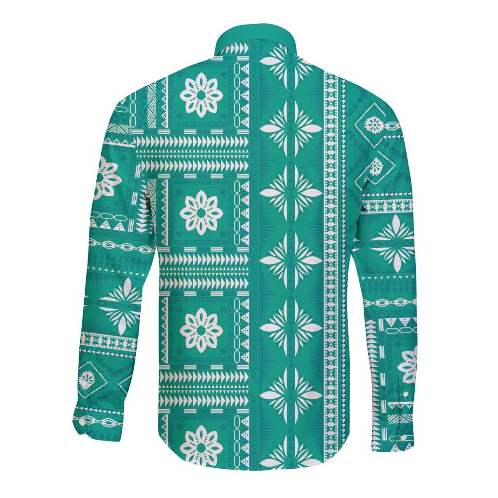 Fiji Masi All Teal Long Sleeve Button Shirt Tapa Pattern - Polynesian Pride