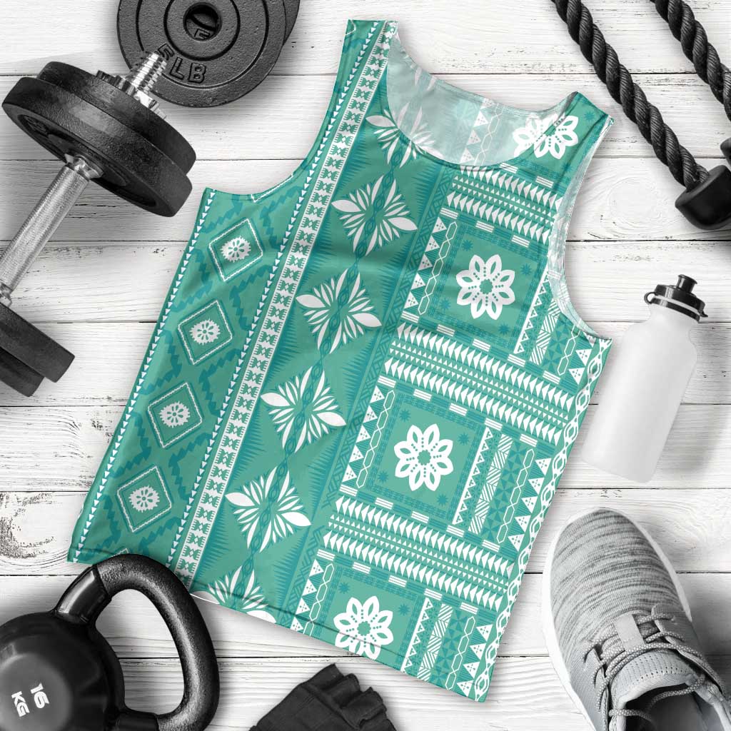 Fiji Masi All Teal Men Tank Top Tapa Pattern - Polynesian Pride