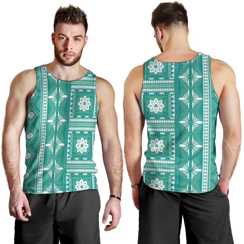 Fiji Masi All Teal Men Tank Top Tapa Pattern - Polynesian Pride