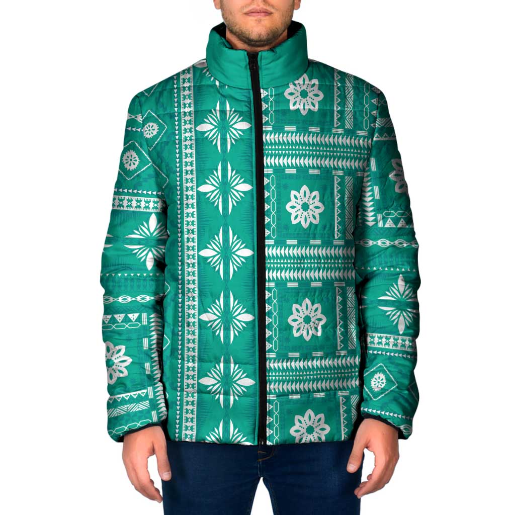 Fiji Masi All Teal Padded Jacket Tapa Pattern - Polynesian Pride