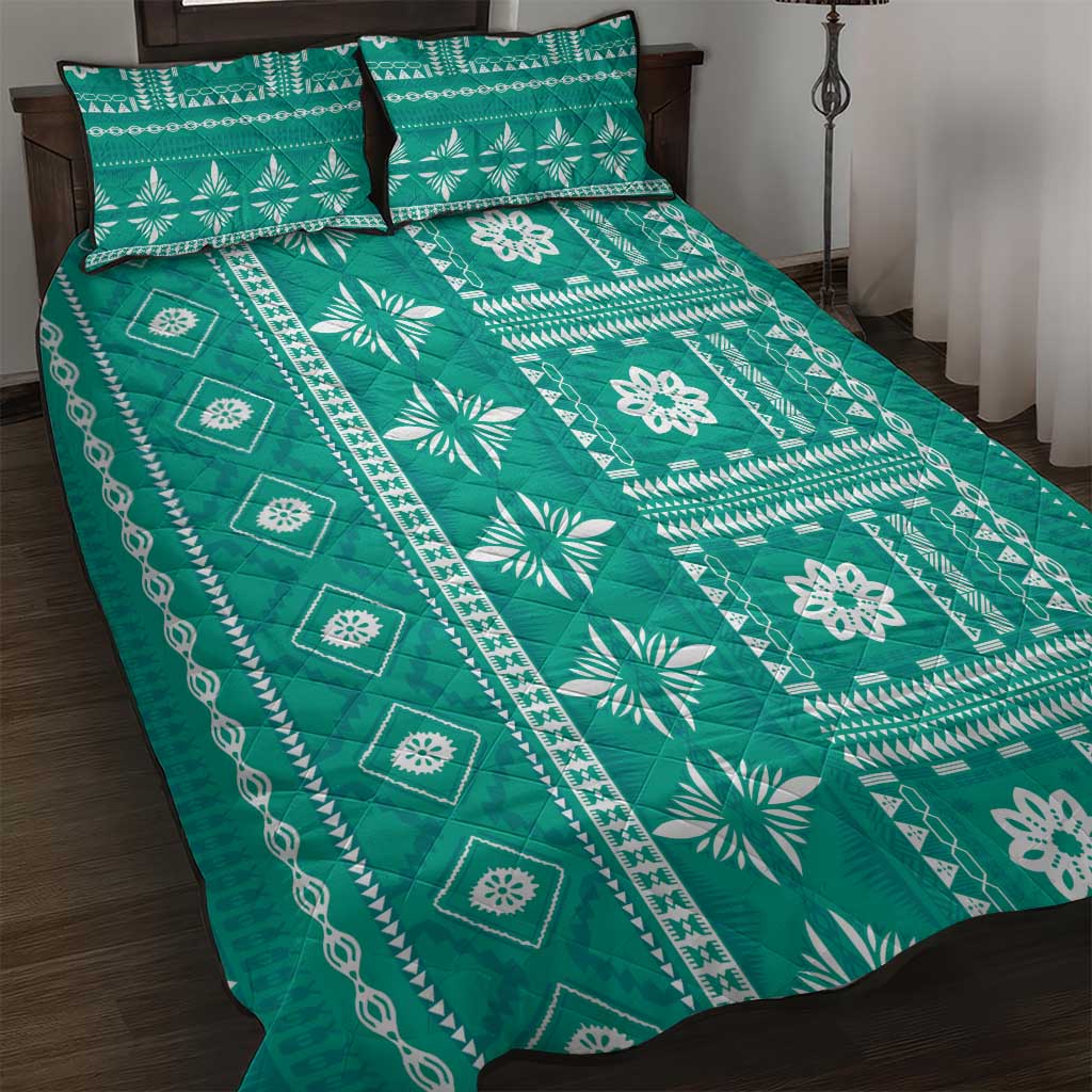 Fiji Masi All Teal Quilt Bed Set Tapa Pattern - Polynesian Pride