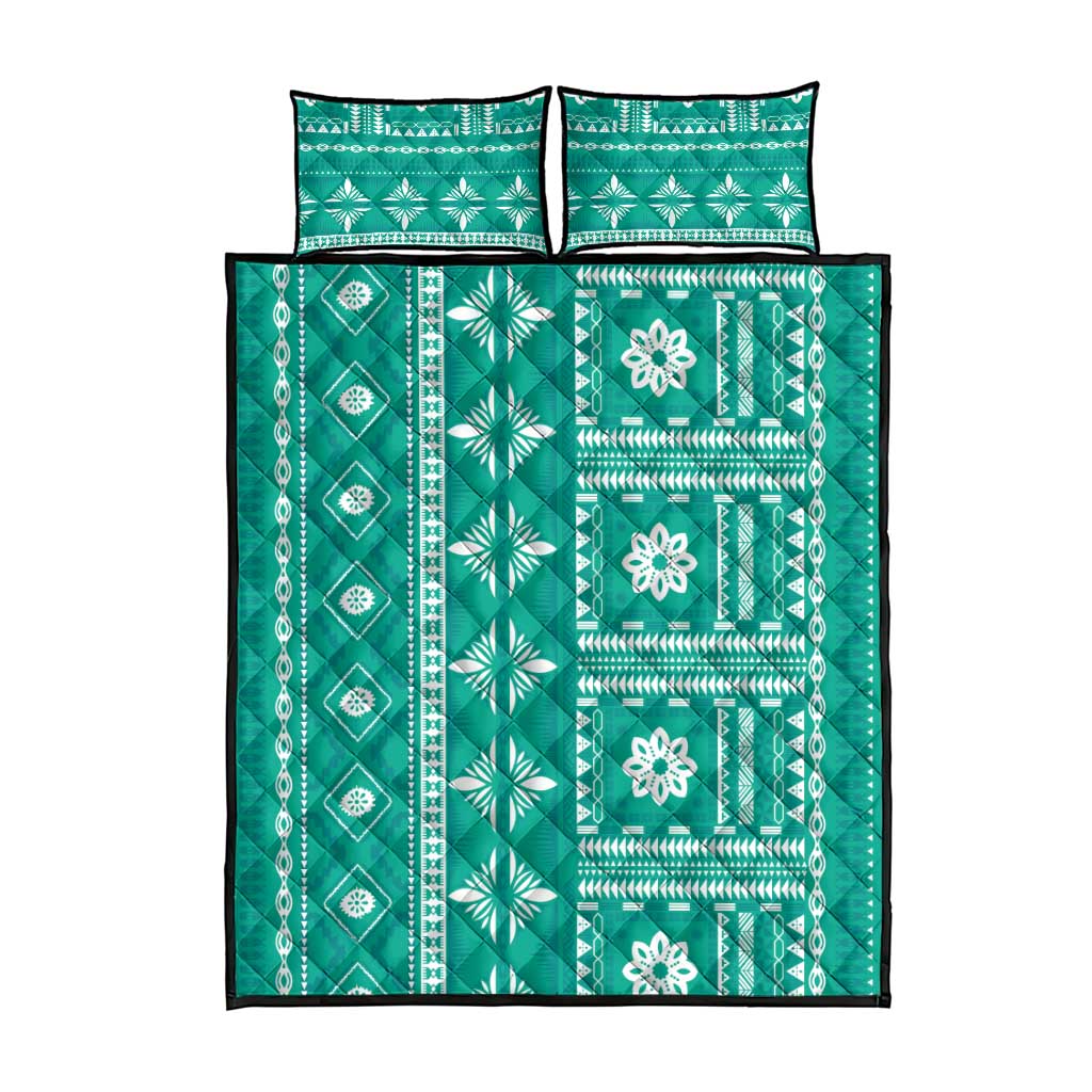 Fiji Masi All Teal Quilt Bed Set Tapa Pattern - Polynesian Pride