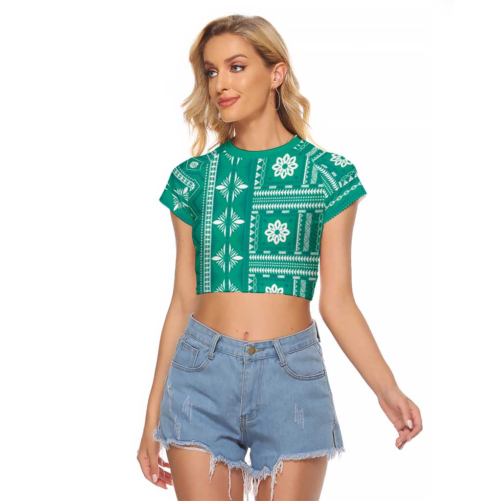 Fiji Masi All Teal Raglan Cropped T Shirt Tapa Pattern - Polynesian Pride
