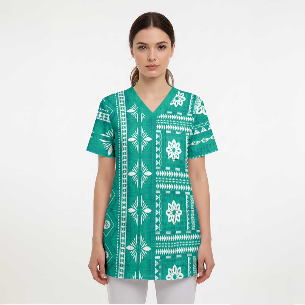 Fiji Masi All Teal Scrub Top Tapa Pattern - Polynesian Pride