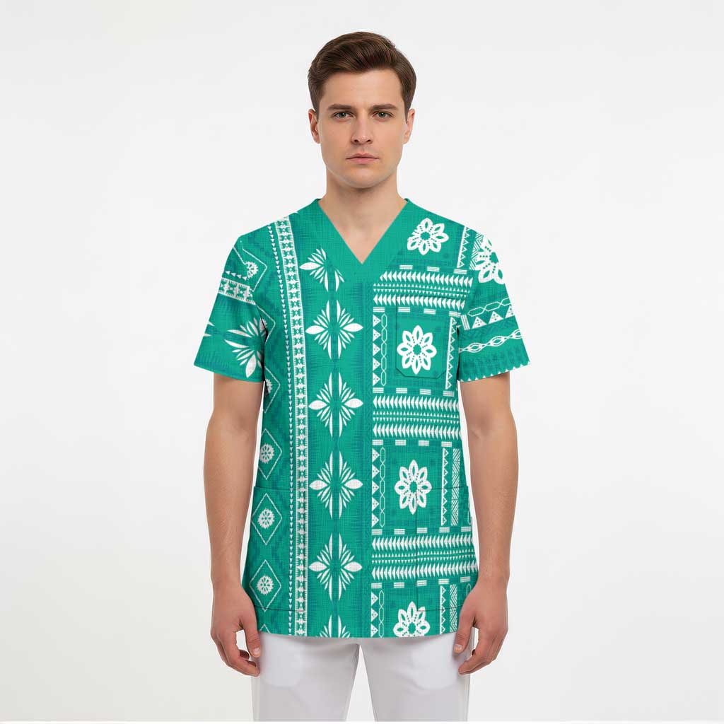 Fiji Masi All Teal Scrub Top Tapa Pattern - Polynesian Pride