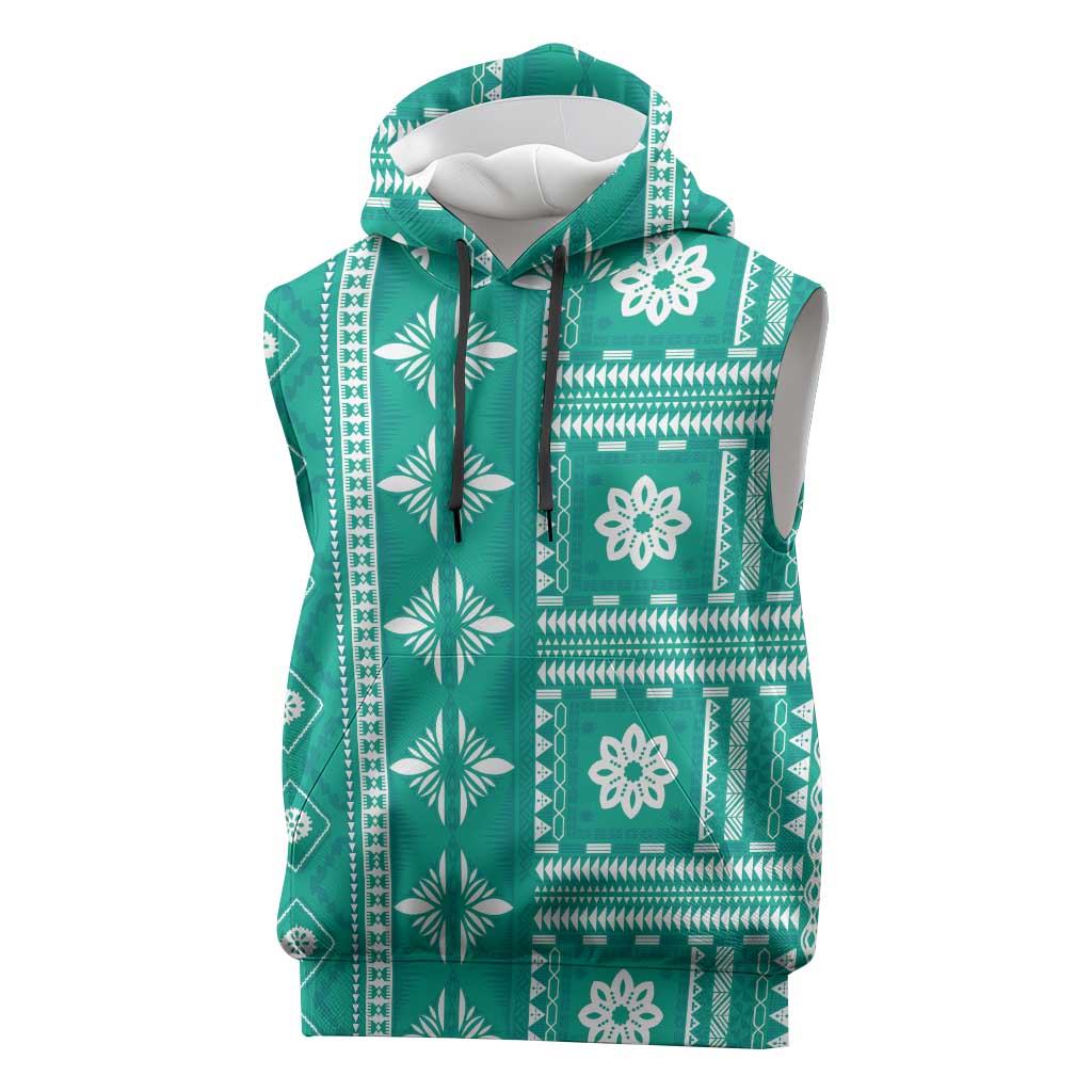 Fiji Masi All Teal Sleeveless Hoodie Tapa Pattern - Polynesian Pride