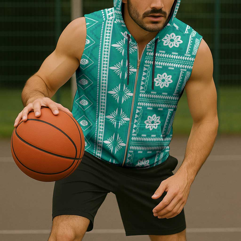 Fiji Masi All Teal Sleeveless Zip Hoodie Tapa Pattern - Polynesian Pride