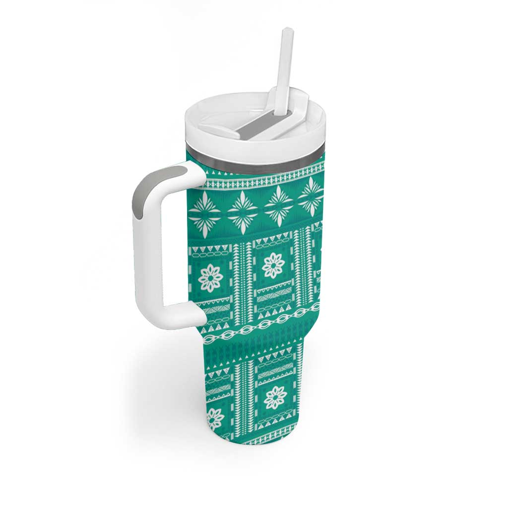 Fiji Masi All Teal Tumbler With Handle Tapa Pattern - Polynesian Pride