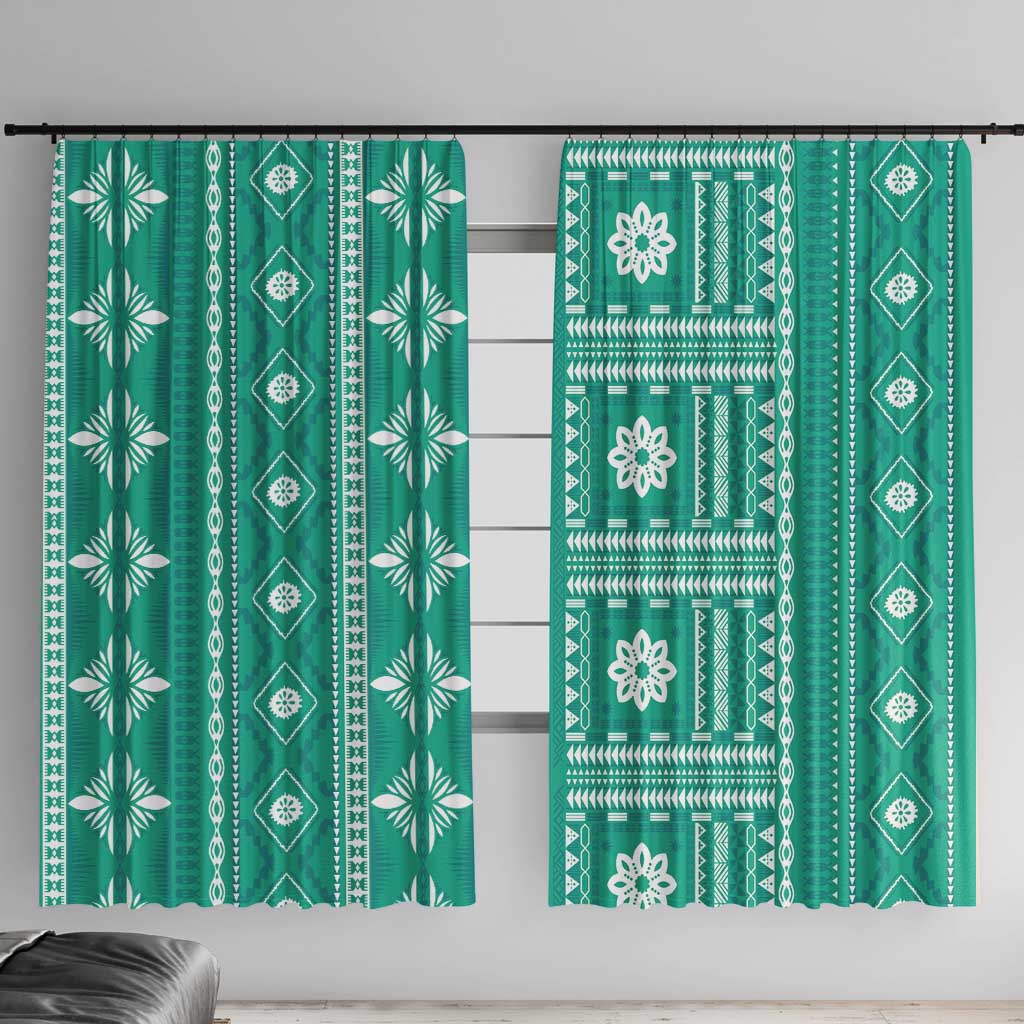 Fiji Masi All Teal Window Curtain Tapa Pattern - Polynesian Pride
