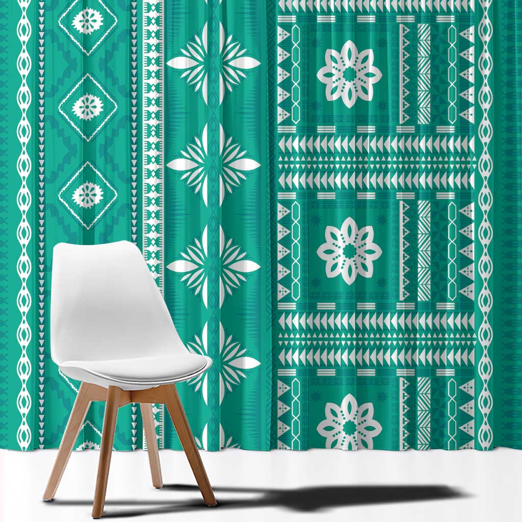 Fiji Masi All Teal Window Curtain Tapa Pattern - Polynesian Pride