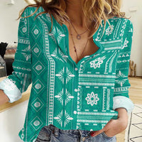 Fiji Masi All Teal Women Casual Shirt Tapa Pattern - Polynesian Pride