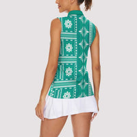 Fiji Masi All Teal Women Sleeveless Polo Shirt Tapa Pattern - Polynesian Pride