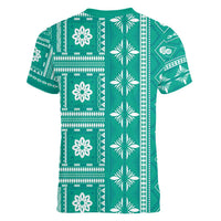 Fiji Masi All Teal Women V-Neck T-Shirt Tapa Pattern - Polynesian Pride