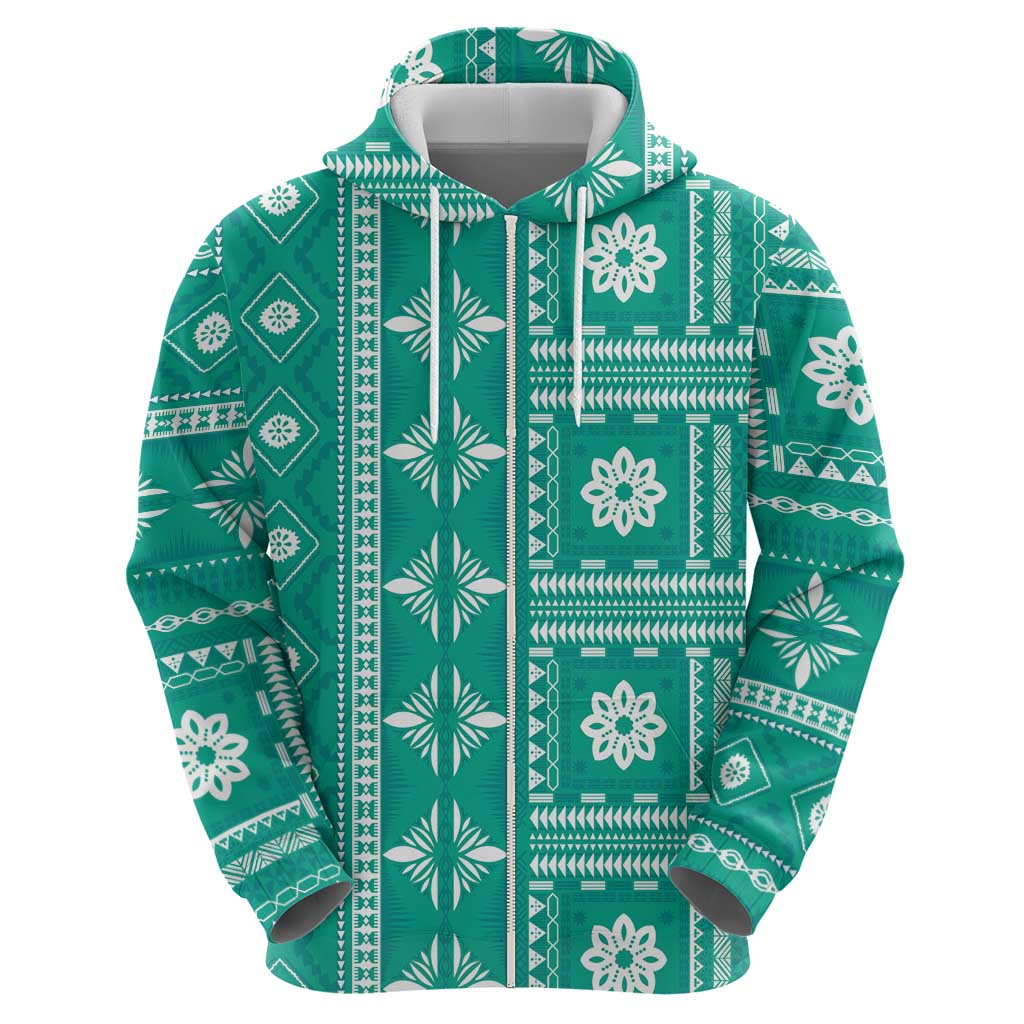Fiji Masi All Teal Zip Hoodie Tapa Pattern - Polynesian Pride