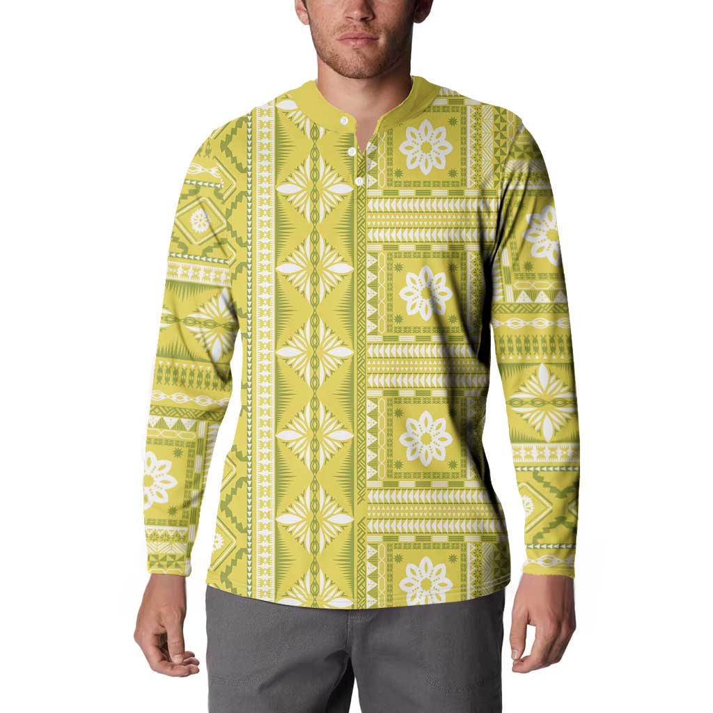 Fiji Masi All Yellow Button Sweatshirt Tapa Pattern - Polynesian Pride